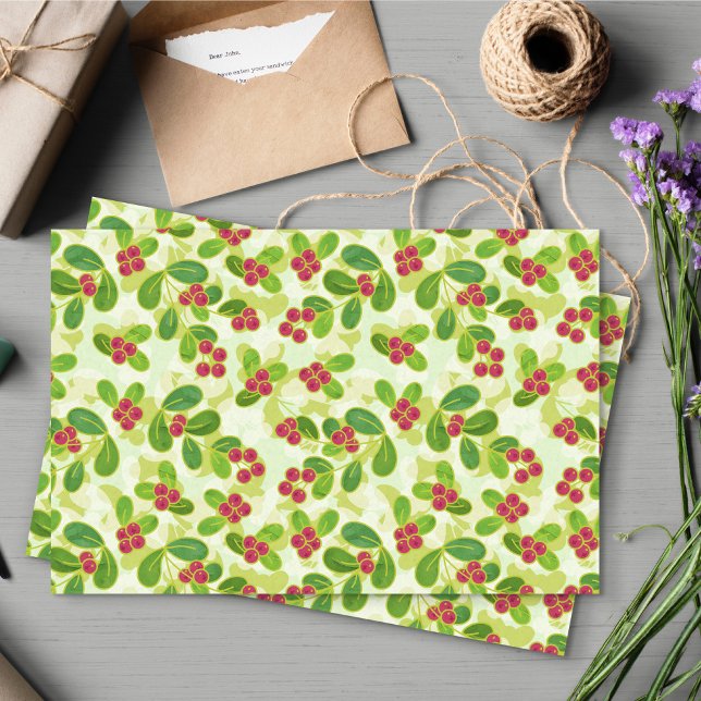 Papier Mousseline Festive Motif de fruits de canneberge, vert (Festive Cranberry Pattern Tissue Paper)