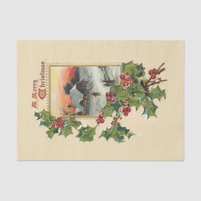Papier Mousseline Festive Noël Holly et Rustic Winter Scene (Recto)