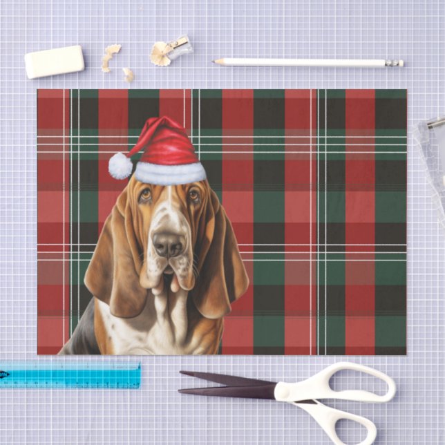Papier Mousseline Festive Red Green Plaid et Basset Hound Noël (Artisanat)