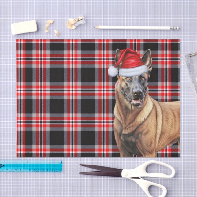 Papier Mousseline Festive Red Plaid et Noël des Malinois belges (Artisanat)