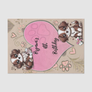 Papier Mousseline Fête d'anniversaire Chien marron Patte rose & Cœur