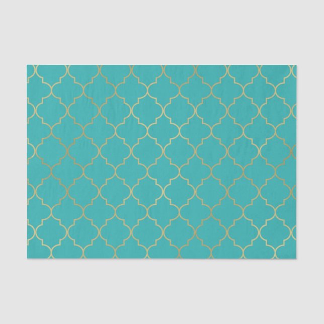 Papier Mousseline Fête de motif quatrefeuilles sarcelle et or (Recto)