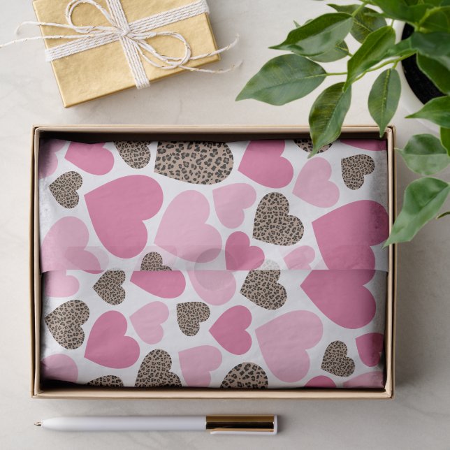 Papier Mousseline Fête du léopard et des cœurs roses (Cadeau)