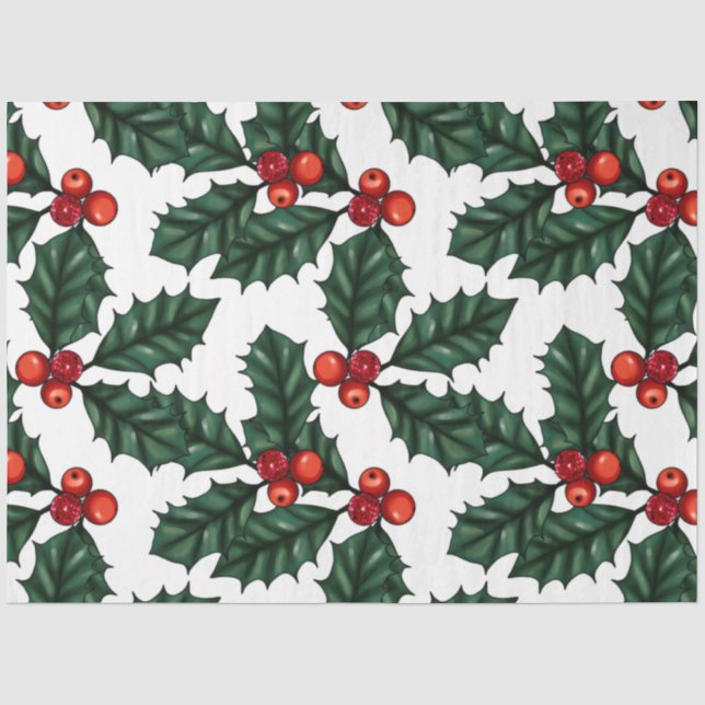 Papier Mousseline Fêtes vertes de Noël Holly et Winter Berries (Recto)