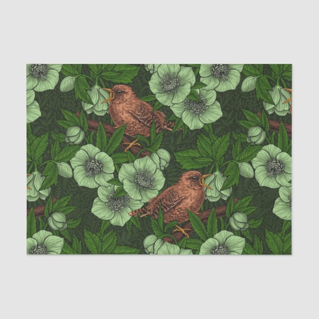 Papier Mousseline Feu et hellebore sur vert foncé (Recto)