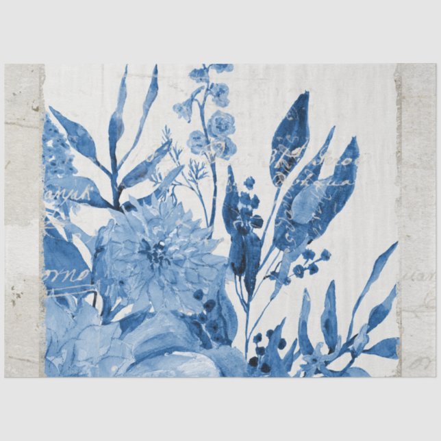 Papier Mousseline Feuillage de fleurs de Chinoiserie bleu blanc déco (Recto)