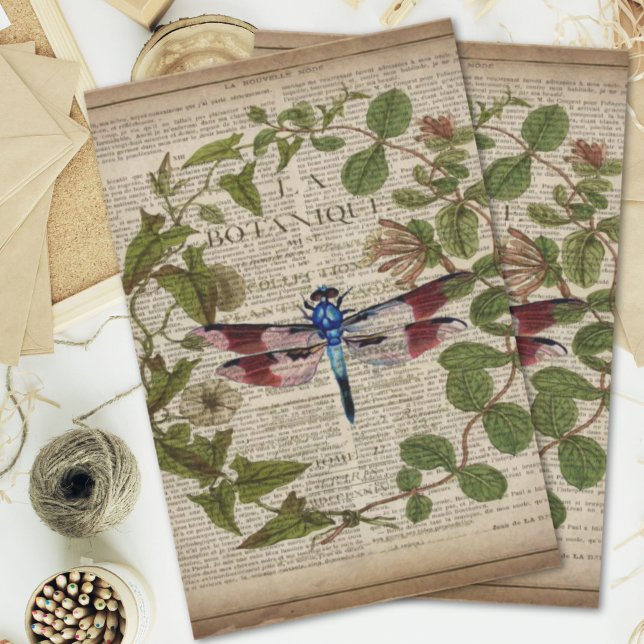 Papier Mousseline feuille botanique moderne vintage (french botanical leaves modern vintage dragonfly tissue paper)