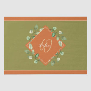 Papier Mousseline Feuilles automnales orange et vert monogramme