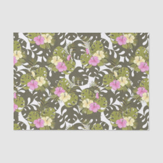 Papier Mousseline Feuilles de jungle tropicale et motif d'hibiscus
