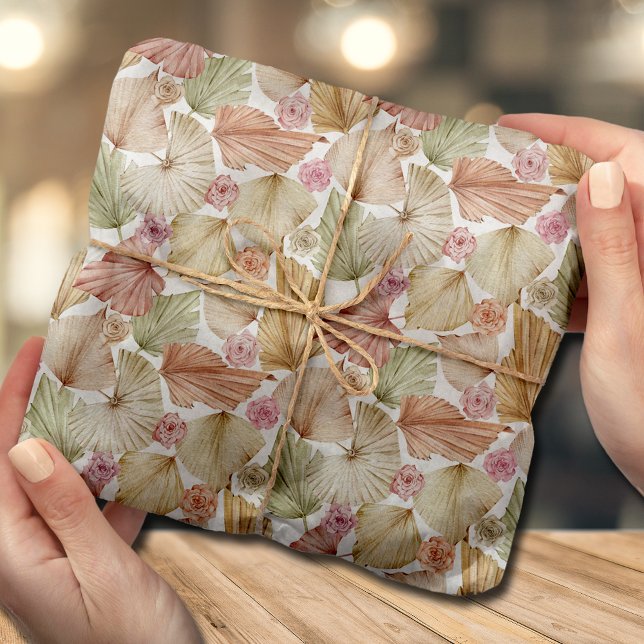 Papier Mousseline Feuilles de palmier et roses à l'aquarelle (Créateur téléchargé)