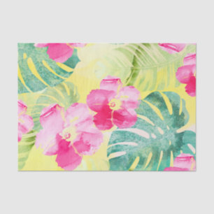 Papier Mousseline Feuilles de palmiers tropicaux et fleurs d'hibiscu