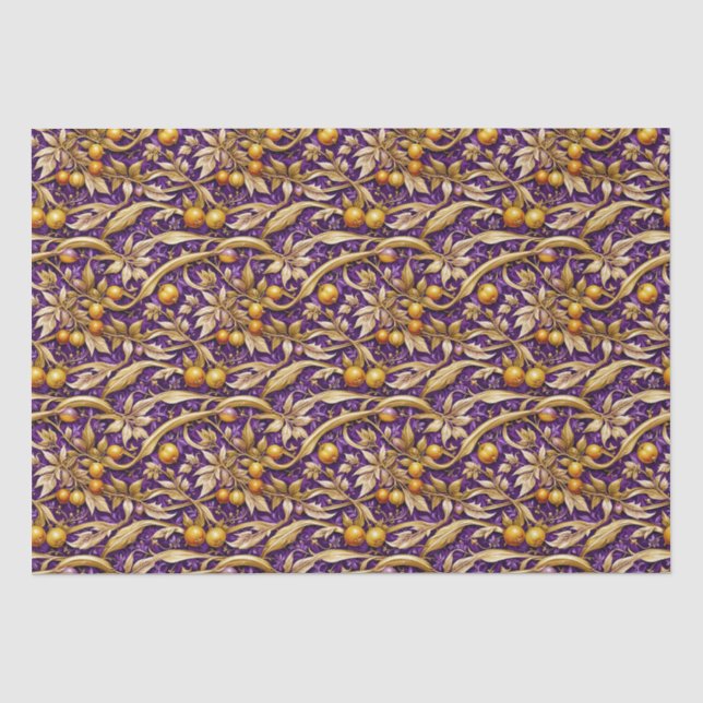 Papier Mousseline Feuilles d'or et grenades pourpres (Recto)