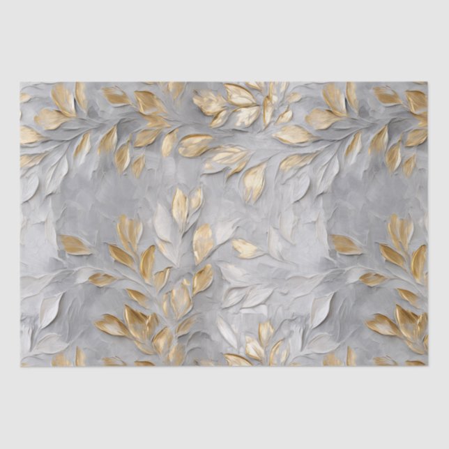 Papier Mousseline Feuilles d'or gris argent (Recto)