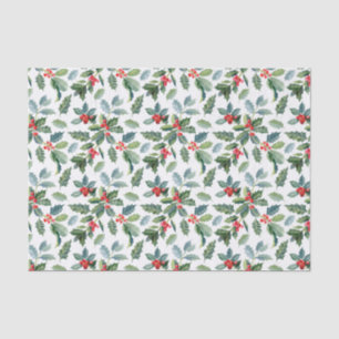 Papier Mousseline Feuilles et baies de houx de Noël sur fond blanc