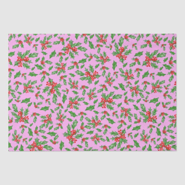 Papier Mousseline Feuilles et baies de Noël rouges et verts (Recto)