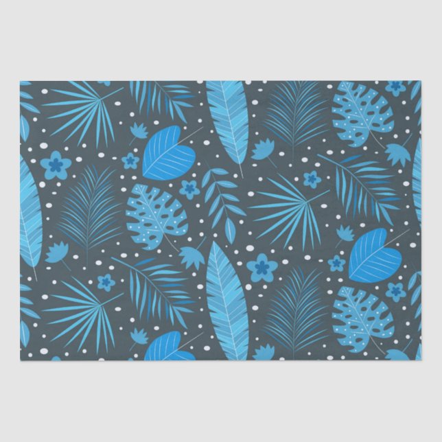 Papier Mousseline Feuilles et Motifs de fleurs exotiques bleus (Recto)