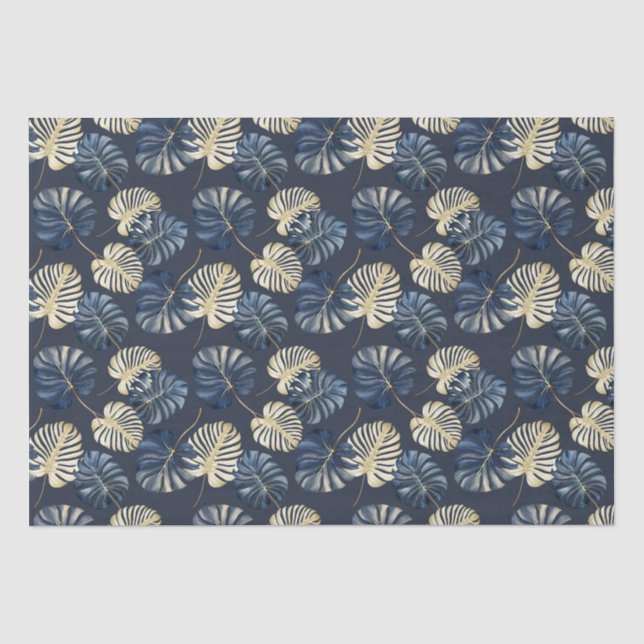 Papier Mousseline Feuilles Tropical Blue Gold (Recto)