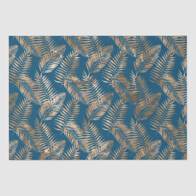 Papier Mousseline Feuilles Tropical Gold Blue (Recto)