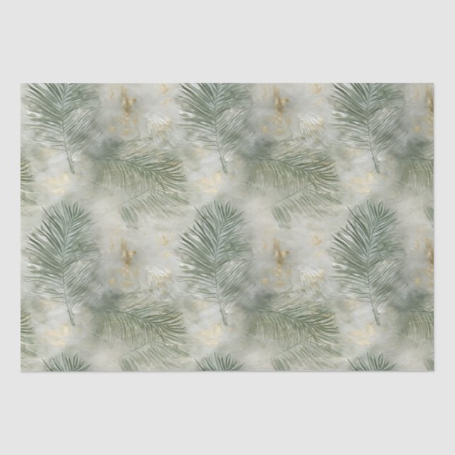 Papier Mousseline Feuilles tropicaux blancs d'or vert (Recto)