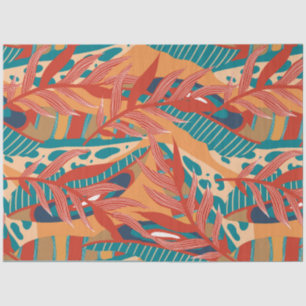 Papier Mousseline Feuilles tropicaux en Turquoise, Rouge, Orange