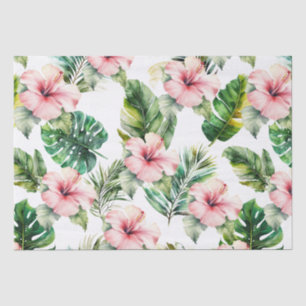 Papier Mousseline Feuilles tropicaux Fleurs d'Hibiscus rose