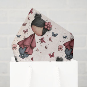 Papier Mousseline Fille avec baguette magique et papillons Motif mig