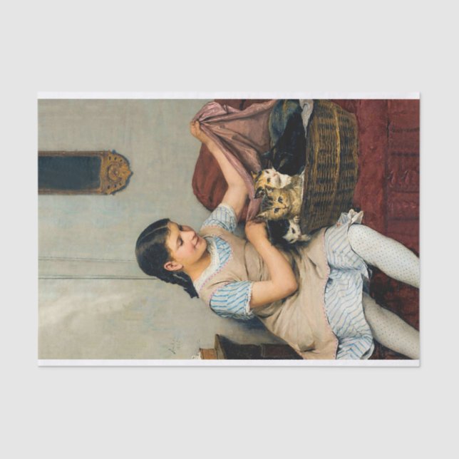 Papier Mousseline Fille avec chatons dans le panier par Albert Anker (Recto)