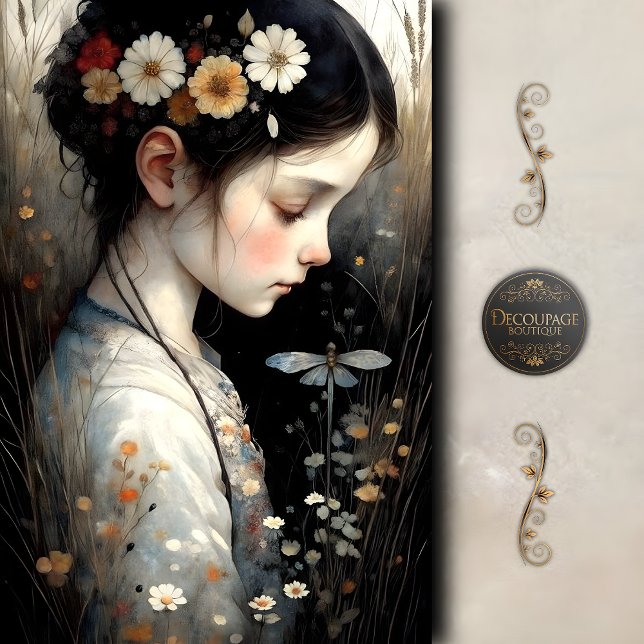 Papier Mousseline Fille avec fleurs et libellule Découpage (Girl with Flowers & Dragonfly Decoupage Tissue Paper)