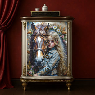 Papier Mousseline Fille blonde et cheval brun Découpage floral en je