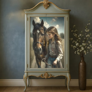Papier Mousseline Fille Brune Cheval Brun Découpage de Campagne Rust