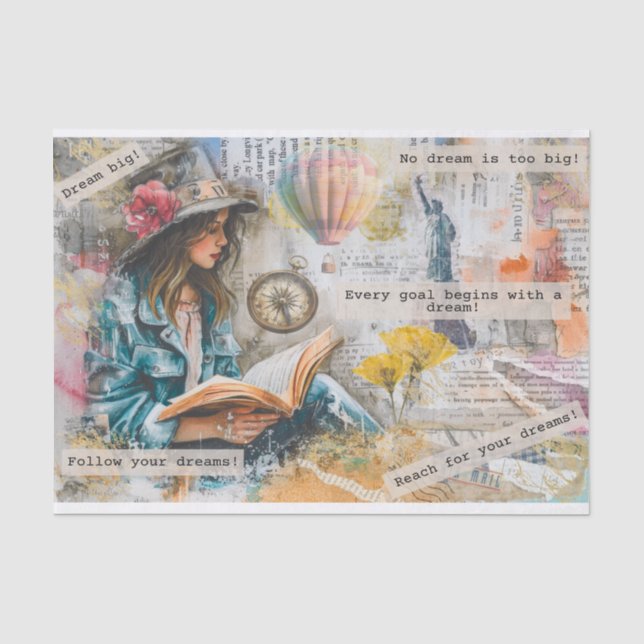 Papier Mousseline Fille Lecture Avec Citations De Rêve Collage Décou (Recto)