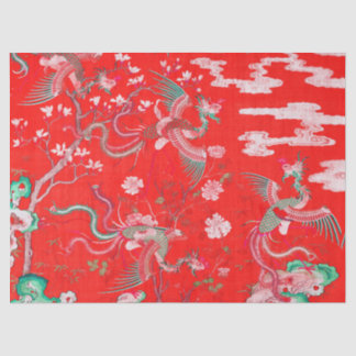 Papier Mousseline Five Phoenixes in Garden Chinese Red Floral 