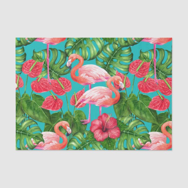 Papier Mousseline Flamant rose et aquarelle du jardin tropical (Recto)