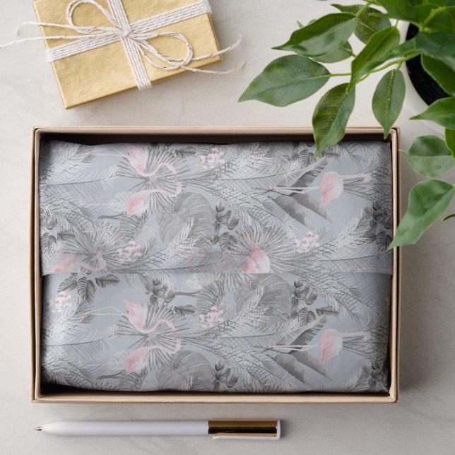 Papier Mousseline Flamant rose Orchidée Tropical Motif Grey ID868 (Cadeau)