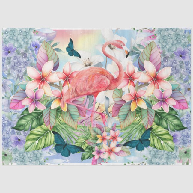 Papier Mousseline Flamant rose tropical et florale aquarelle (Recto)