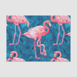 Papier Mousseline Flamants roses sur feuilles de bananes bleues