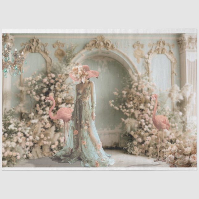 Papier Mousseline Flamboyance, Dame élégante, Flamant rose & Floral (Recto)