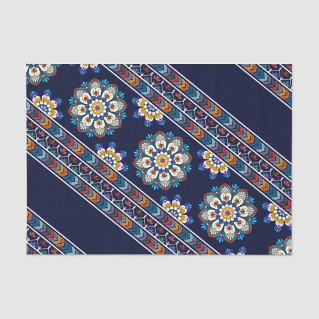 Papier Mousseline Fleur bohème ethnique Chevron Navy Découpage (Recto)