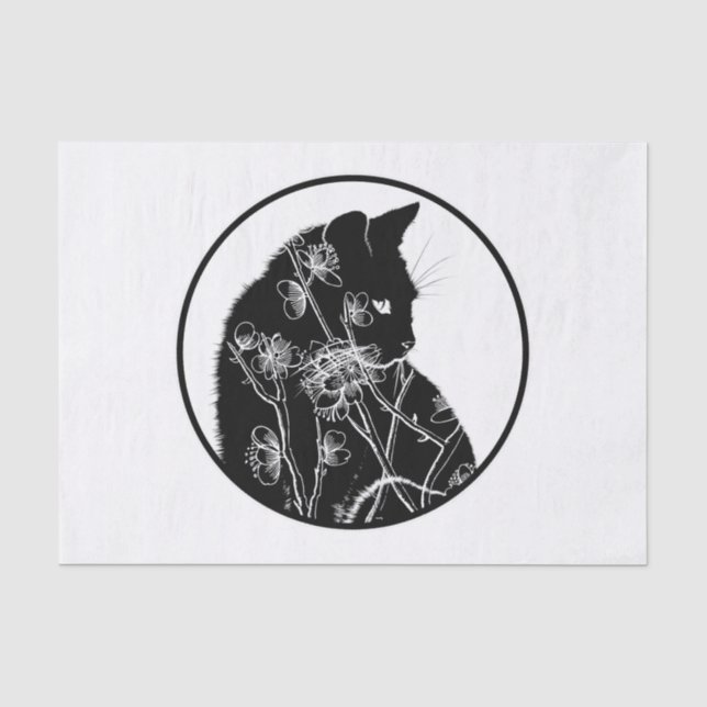Papier Mousseline Fleur de cerisier et motif floral de chat noir (Recto)