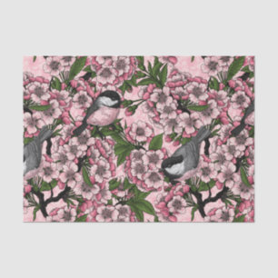 Papier Mousseline Fleur de cerisiers et poulets roses