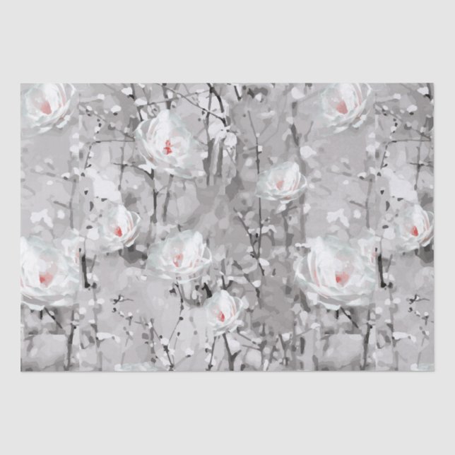 Papier Mousseline Fleur de rose blanche gris floral d'hiver (Recto)