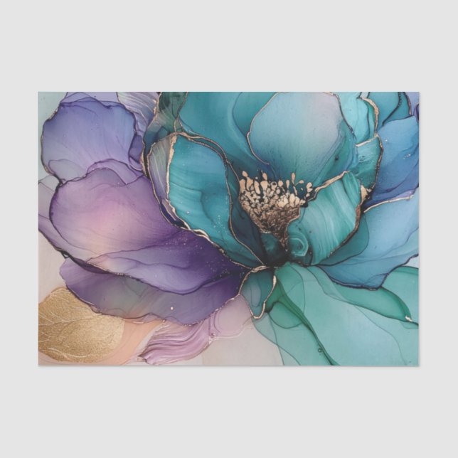 Papier Mousseline Fleur Or Bleu Aqua Violet (Recto)