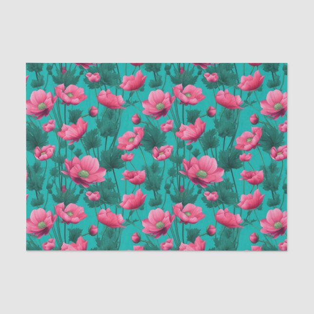 Papier Mousseline Fleur rose avec Découpage Arrière - plan Turquoise (Recto)