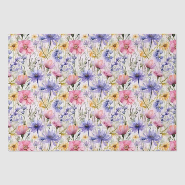 Papier Mousseline Fleur sauvage rose  bleu rose motif floral (Recto)