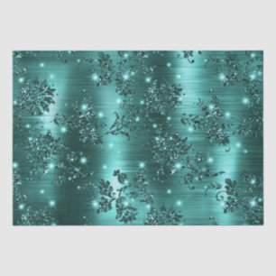 Papier Mousseline Fleur stylée sarcelle paillettes et feuille métall