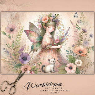 Papier Mousseline Fleur vintage Fée & Cute Kitten Découpage