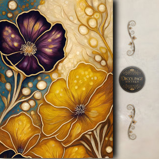 Papier Mousseline Fleur violette dorée Decoupage