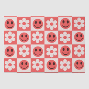 Papier Mousseline Fleurs à carreaux et visages heureux rouges 