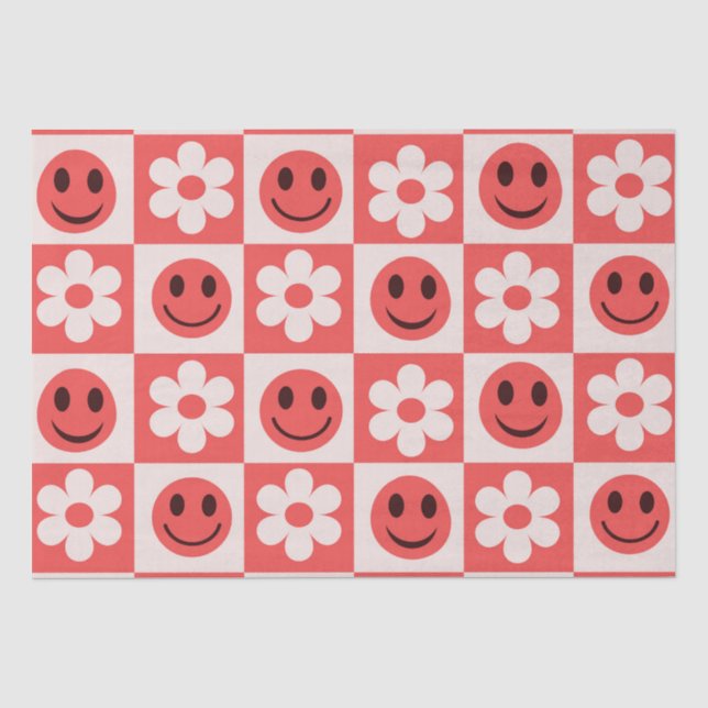 Papier Mousseline Fleurs À damiers et visages heureux rouge (Recto)