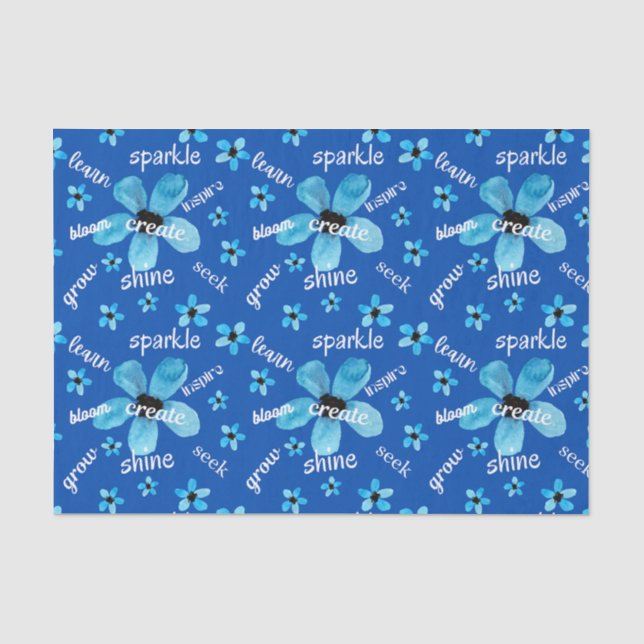 Papier Mousseline Fleurs aquarelle bleue avec affirmations (Recto)